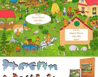 Rompecabezas de madera para adultos - fabricado en EE. UU. por FoxSmartBox - Rompecabezas inteligente - 440 piezas + 23 piezas inteligentes - Funny Farm