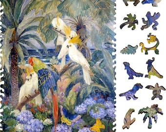 Wooden Jigsaw Puzzles for Adults - Uniquely Shaped Pieces - Made in the USA by FoxSmartBox - 310 Pieces - Tropical Landscape with Parrots
