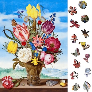 Wooden Jigsaw Puzzles for Adults - Uniquely Shaped Pieces - made in the USA by FoxSmartBox - 240 Pieces - Bouquet of Flowers on a Ledge