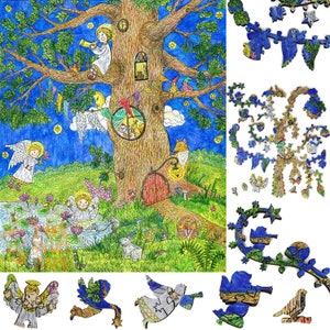 Wooden Jigsaw Puzzles for Adults with Uniquely Shaped Pieces - made in USA by FoxSmartBox - 400 Pieces - Tree of Angels