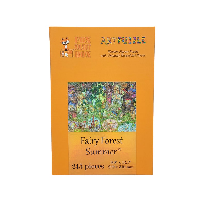 May include: A box for a 245 piece wooden jigsaw puzzle featuring a colorful illustration of a fairy forest scene. The box is orange and features the text "Fairy Forest Summer" and "FOX SMART BOX ARTFUZZLE". The puzzle measures 9.0 inches by 12.5 inches.