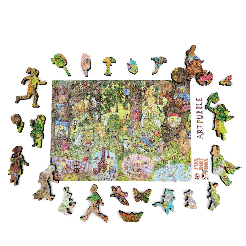 Wooden Jigsaw Puzzles for Adults with Uniquely Shaped Pieces - made in USA by FoxSmartBox - 245 Pieces - Fairy Forest. Summer image 4