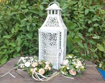 White Metal Hurricane Lantern Moroccan Garden Candle Holder Shabby Chic Vintage 