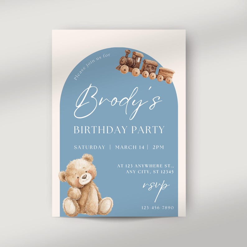 Editable Teddy Bear Birthday Invitation Baby Boy Birthday Invitation ...
