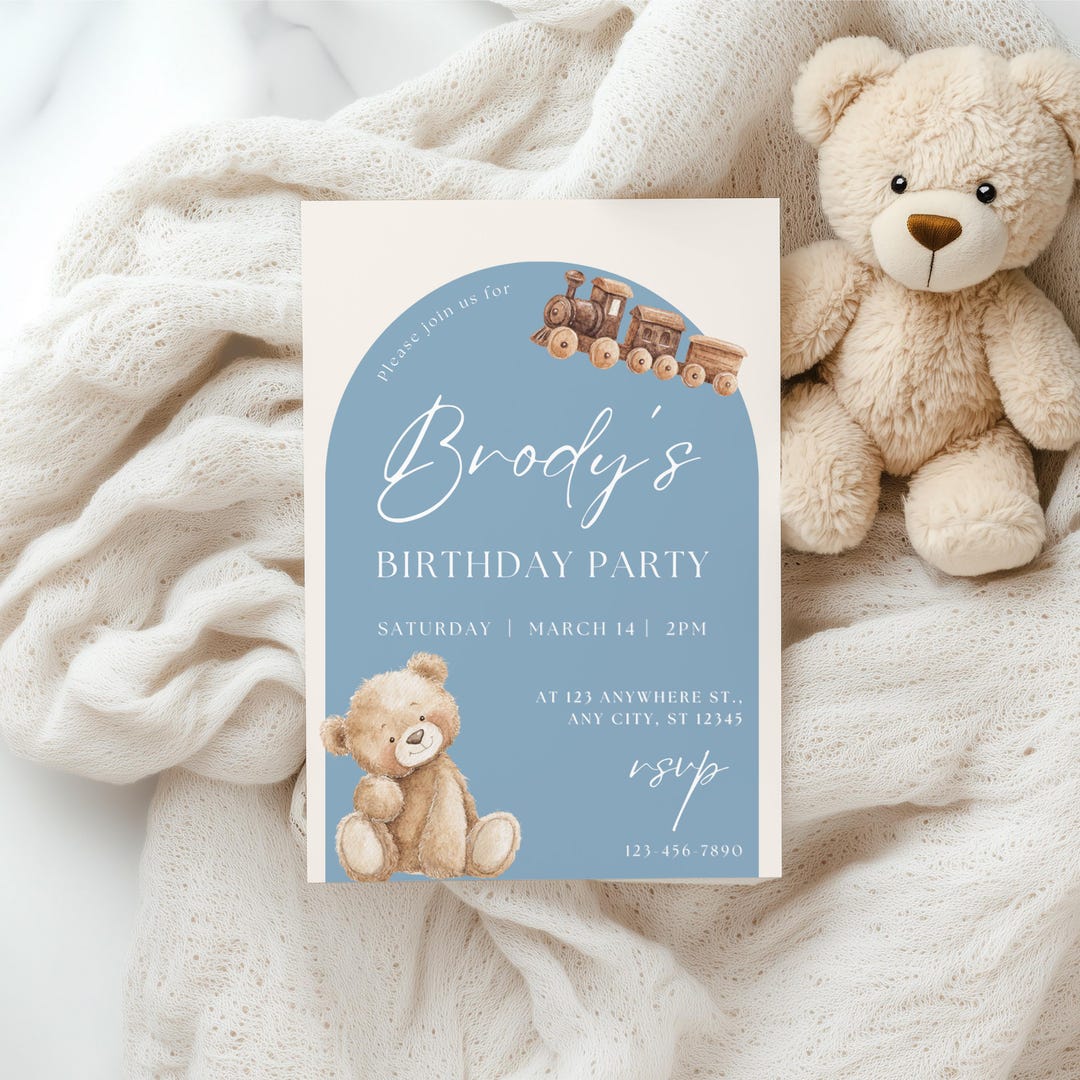 Editable Teddy Bear Birthday Invitation Baby Boy Birthday Invitation ...