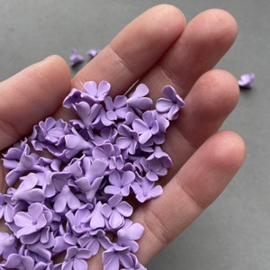Puede incluir: Una colección de pequeñas flores decorativas de color lila claro, perfectas para manualidades y decoración.