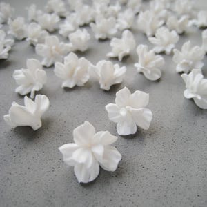May include: A collection of small, white, ceramic flowers. The flowers have five petals each and are scattered on a gray surface.
