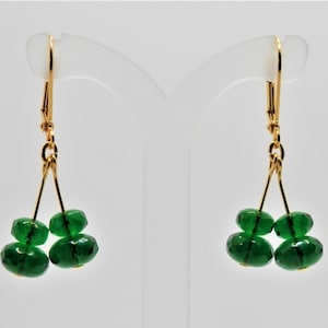 Emerald green Czech glass beads, drop earrings, gold plated components, clip-on, lever back
