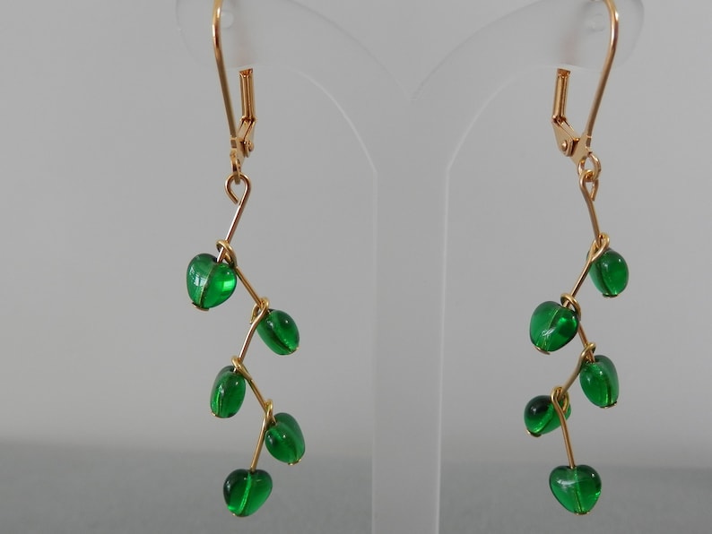 drop earrings gold plated lever back and components Emerald green Czech glass hearts