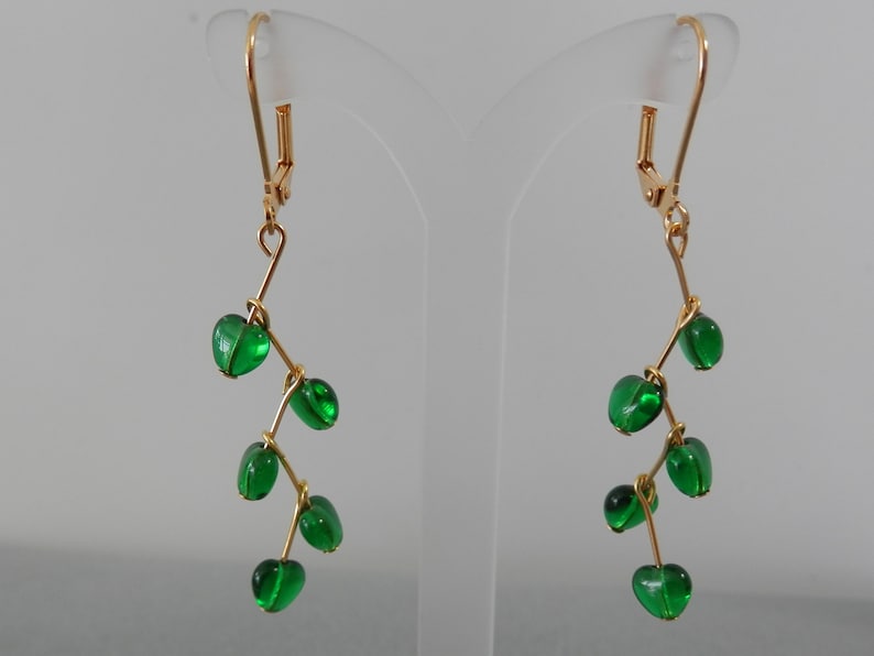 drop earrings gold plated lever back and components Emerald green Czech glass hearts