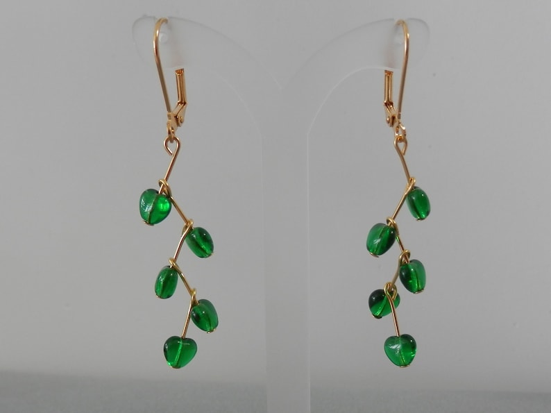 drop earrings gold plated lever back and components Emerald green Czech glass hearts