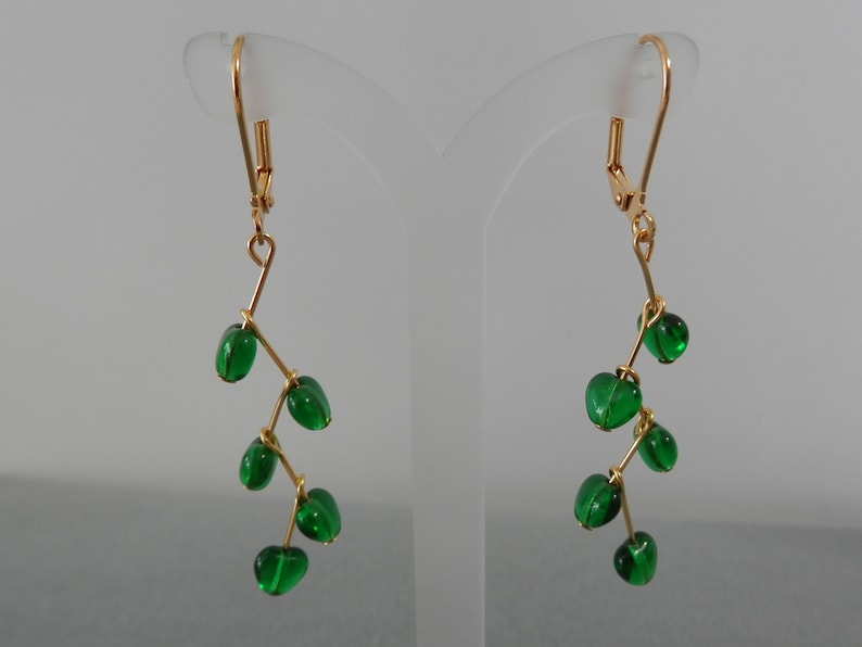 drop earrings gold plated lever back and components Emerald green Czech glass hearts