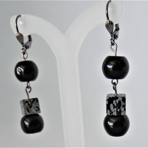 Obsidian and snowflake obsidian, natural stone, drop earrings, gunmetal finish components,clip-on, lever back
