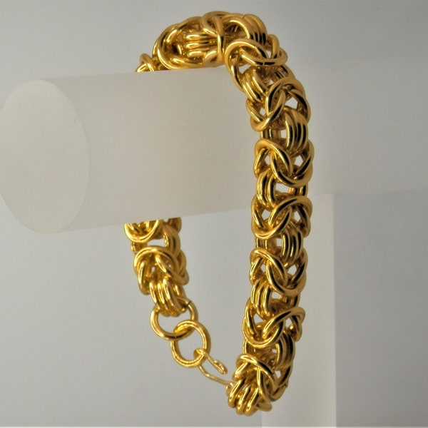 Chunky Byzantine Statement Bracelet, gold color, anodized aluminum, handmade, 22k gold plated brass hook clasp