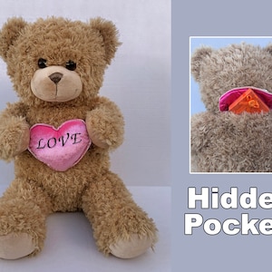 May include: A brown teddy bear holding a pink heart-shaped pillow with the word "LOVE" embroidered on it. The bear has a hidden pocket on its back.
