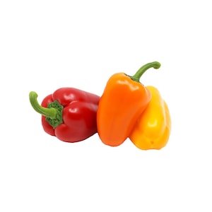 May include: Three bell peppers, one red, one orange, and one yellow, are arranged on a white background.