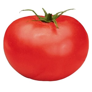 May include: A large, ripe, red tomato with a green stem.