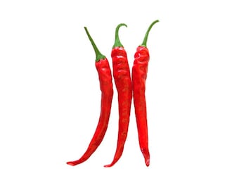 May include: Three vibrant red chili peppers with green stems against a white background. The peppers are long and slender, with a slightly curved shape. The image is well-lit, highlighting the peppers' smooth texture.