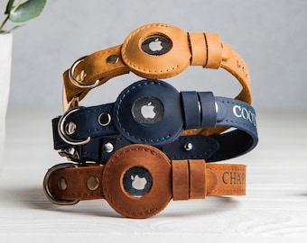 Personalisierte Leder AirTag Hundehalsband, AirTag Hundehalsband, Halsband für kleine und große Hunde mit Airtag Halter, Airtag Hundehalsband nach Maß