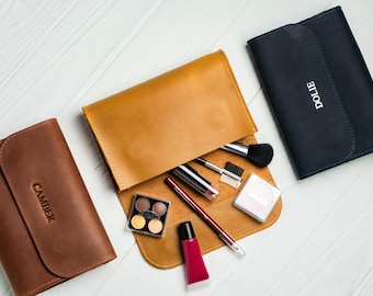 Leather Makeup Bag, Personalized Cosmetic Bag, Travel Makeup Bag, Women's Toiletry Bag, Cosmetic Sleeve Case, Small Leather Makeup Bag