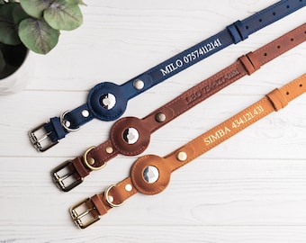 Gepersonaliseerde lederen AirTag-halsband, AirTag-halsband, halsband voor kleine en grote honden met Airtag-houder, aangepaste Airtag-halsband