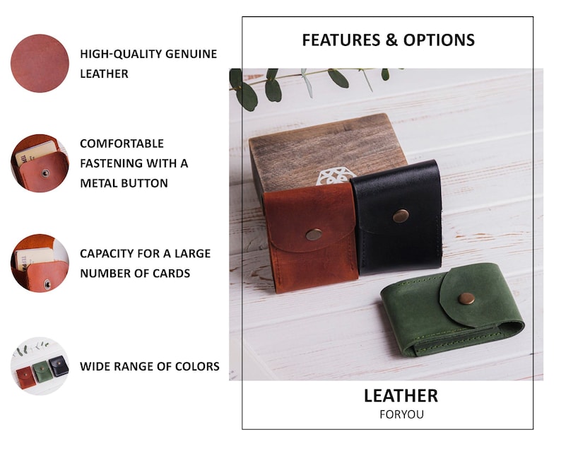 Pu&ograve; includere: Portafogli in pelle marrone, nero e verde, ciascuno con chiusura a bottone metallico. L'immagine evidenzia le caratteristiche dei portafogli: vera pelle di alta qualit&agrave;, chiusura confortevole e capacit&agrave; per molte carte. Il testo recita "LEATHER FORYOU."