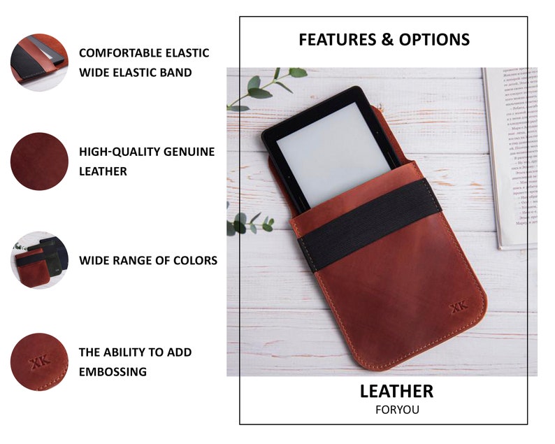 Puede incluir: Una funda para lector electr&oacute;nico de cuero marr&oacute;n con una banda el&aacute;stica negra y el texto "LEATHER FORYOU" en la parte inferior. La funda tiene una banda el&aacute;stica negra para sujetar el lector electr&oacute;nico en su lugar. La funda est&aacute; hecha de cuero genuino de alta calidad y est&aacute; disponible en una amplia gama de colores.