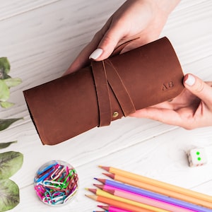 Personalized Pen Rolling Case, Customized Pencil Holder, Pencil Case Pouch, Leather Pen Holder, Pencil Pouch, Genuine Leather Pen Bag