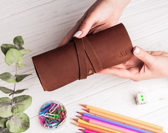 Personalized Pen Rolling Case, Customized Pencil Holder, Pencil Case Pouch, Leather Pen Holder, Pencil Pouch, Genuine Leather Pen Bag