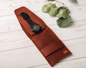 Étui à montre en cuir personnalisé, pochette de voyage pour montre, support de montre gravé, protecteur de montre, support de voyage pour montre, organiseur de protection pour montre