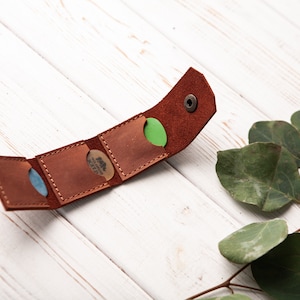 May include: A brown leather guitar pick holder with three slots, open to reveal a blue, green, and brown pick. The holder is on a white wooden surface with a green leafy branch.
