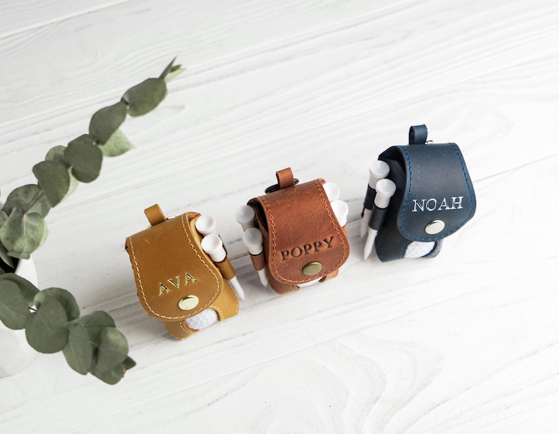 Personalized Leather Golf Ball Bag, Golf Tee Holder image 12