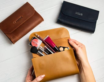 Gepersonaliseerde make-uptas, leren make-uptas, make-uptas voor op reis, toilettas voor dames, cosmetische hoes, kleine leren make-uptas