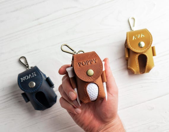 Personalized Leather Golf Ball Bag, Golf Tee Holder