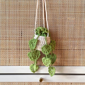 May include: A crocheted hanging planter with a white and beige pot and green leaves. The planter is hanging from a white cabinet with a woven rattan front.