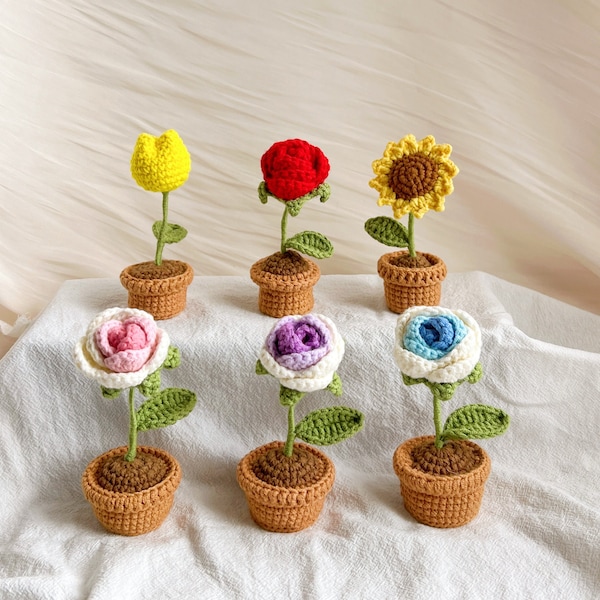 Crochet Potted Flowers, Crochet Mini Potted Plants, Potted Rose,Potted Sunflower,Potted Tulips,Car Decor, Table Decoration, Best Gift,Spring