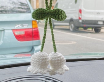Crochet Lily of the Valley Car Mirror Hanging: Handmade Car Decor