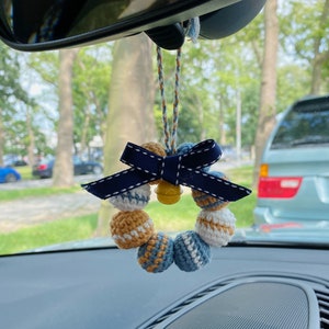 Crochet Car Mirror Hanging: Yarn Wreath with Bell, Preppy Car Decor