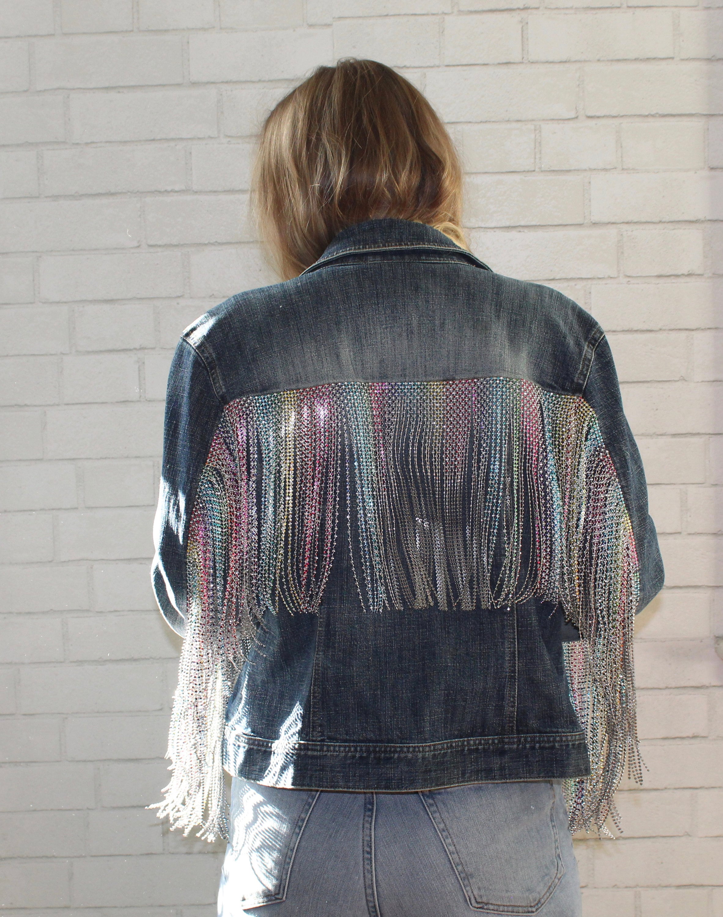 PRIDE Rhinestone Fringe Denim Jacket Etsy