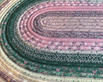 Handmade Jelly Roll Rug: Oval Cotton Area Rug, Floral Purple & Green