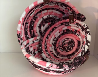 Handmade Set of 3 Nesting Rope Bowls Pink Brown White Funky Basket