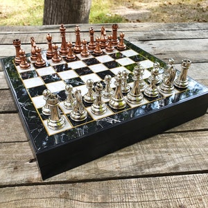 Metal Pieces Chess Set With Storage Box Marble Patterned Aesthetic ...