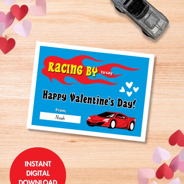 Hot Wheels Cars Valentine's Day Cards for Kids | Racing By to Say | 6 Classroom Valentine's Day Cards | Instant Printable Digital Download