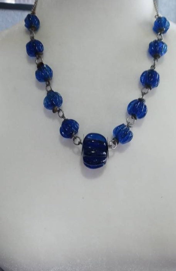 Vintage Cobalt Blue Handblown Glass Bead Necklace