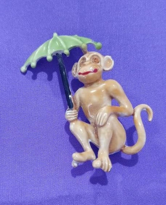 Rare JJ Tan and Red Enamel Monkey Brooch Vintage … - image 1