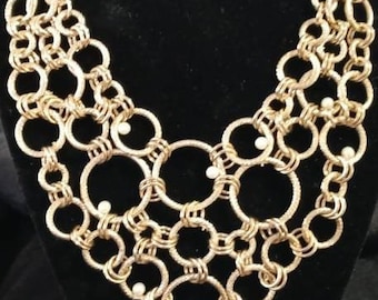 Bibb Necklace Hammered Gold Tone Metal with Faux Pearls