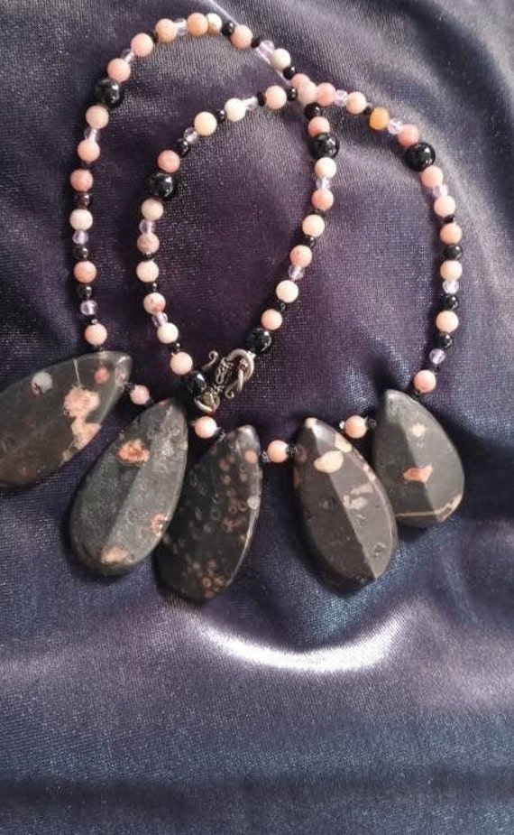 Rhodonite Palm Stone Necklace and Earrings