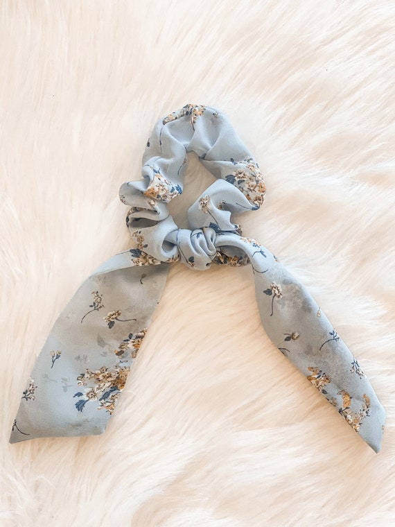 Pastel Blue Hair Tie, Hair Scarf, Floral Print Hair, Hair