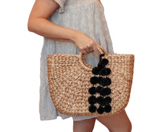 Straw Beach Bag, Beach Bag, Beach Tote, Black Pom Poms, Pool Bag, Straw Bag, Women’s Gift, Summer Bag, Straw Tote, Honeymoon Bag, Vacation