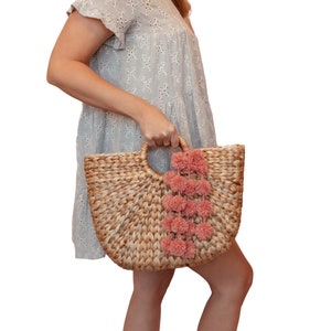 Strandtasche aus Stroh, Strandtasche, Strandtasche, rosa Pom Poms, Pooltasche, Strohtasche, Geschenk für Frauen, Sommertasche, Strohtasche, Flitterwochentasche, Urlaub